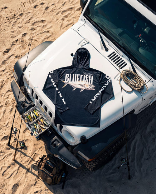 Camiseta de pesca BLUEFISH – Manga larga con capucha (Azul marino) | TUNAROAD